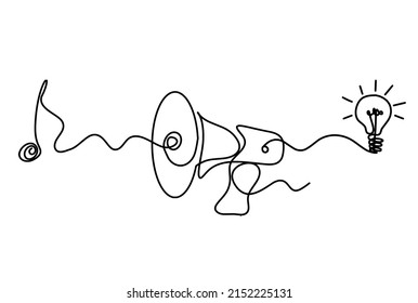 Abstract megaphone with light bulb as continuous lines drawing on white background. Vector