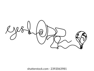 Abstract megaphone and light bulb as continuous lines drawing on white background. Vector