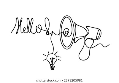 Abstract megaphone and light bulb as continuous lines drawing on white background. Vector