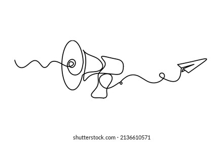 Abstract megaphone with paper plane as continuous lines drawing on white background. Vector