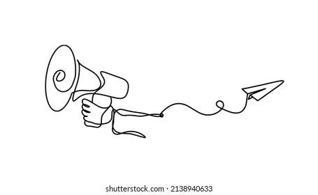 Abstract megaphone with paper plane as continuous lines drawing on white background. Vector