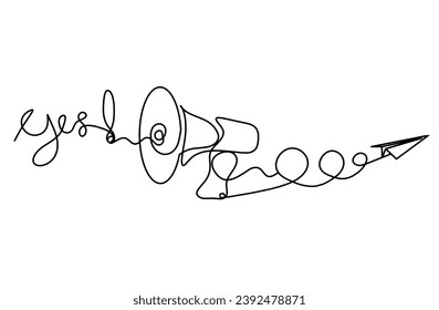 Abstract megaphone and paper plane as continuous lines drawing on white background. Vector
