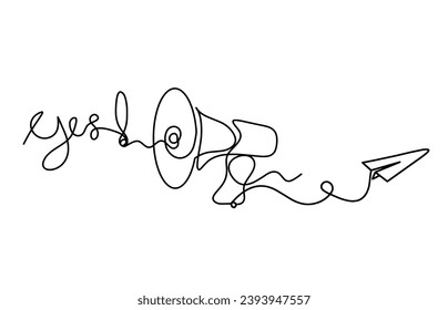 Abstract megaphone and paper plane as continuous lines drawing on white background. Vector