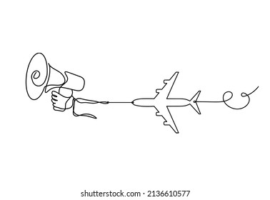 Abstract megaphone with plane as continuous lines drawing on white background. Vector