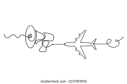 Abstract megaphone with plane as continuous lines drawing on white background. Vector