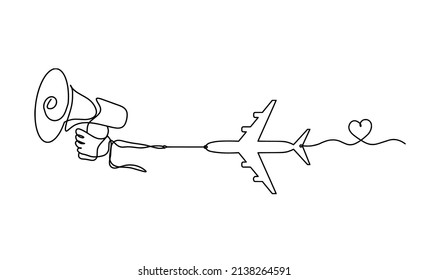 Abstract megaphone with plane as continuous lines drawing on white background. Vector