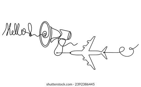 Abstract megaphone and plane as continuous lines drawing on white background. Vector