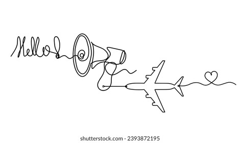 Abstract megaphone and plane as continuous lines drawing on white background. Vector