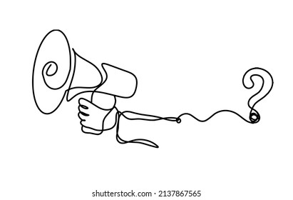 Abstract megaphone with question mark as continuous lines drawing on white background. Vector
