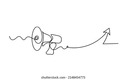 Resumen de megáfono con signo de dirección como líneas continuas dibujando sobre fondo blanco. Vector