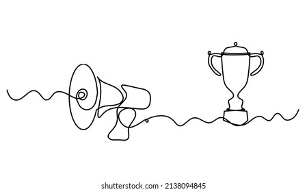 Abstract megaphone with trophy as continuous lines drawing on white background. Vector