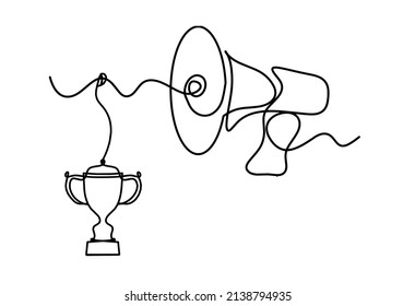 Abstract megaphone with trophy as continuous lines drawing on white background. Vector