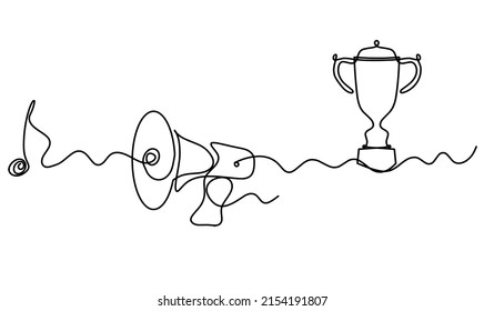 Abstract megaphone with trophy as continuous lines drawing on white background