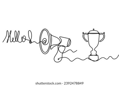 Abstract megaphone and trophy as continuous lines drawing on white background. Vector