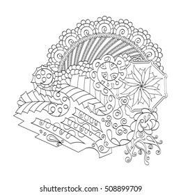 Abstract mehndi shape. Isolated figure. Many details, curved doodles. Binary black and white line art. Vector.