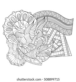 Abstract mehndi shape. Isolated figure. Many details, curved doodles. Binary black and white line art. Vector.