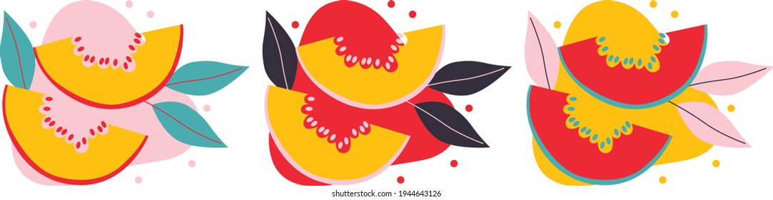 Abstract melon slice vector illustration. Summer harvest cartoon elements. Fruit lover concept. Drawings for poster, card or background. Cartoon flat fruits illustration. Isolated. EPS 10. 