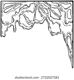 Abstract melted border inspired by melted cheese. Stretchy slime or thick paint. Halloween surreal horror style. Vector illustration in hand drawn sketch doodle style. Line art isolated on white