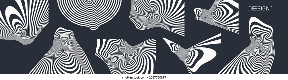 Abstract melted liquid shape. Background made of distorted lines. Pattern with optical illusion. Psychedelic stripes. Vector illustration for brochure, flyer, card, banner or cover.