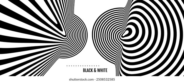 Forma líquida derretida abstrata. Plano de fundo feito de linhas distorcidas. Padrão com ilusão ótica. Listras psicodélicas. Ilustração vetorial para folheto, folheto, cartão, faixa ou capa.
