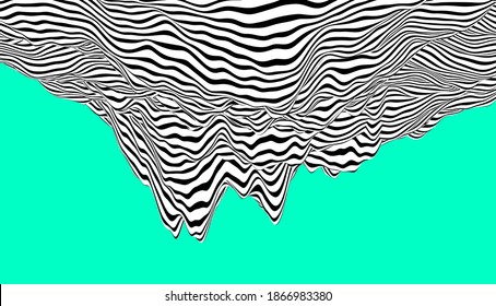 Abstract melted liquid shape. Wavy black and white stripes. Vectort op art illustration