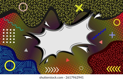 Abstract memphis background with comic speech bubble and gradient color. Geometric elements in memphis background design