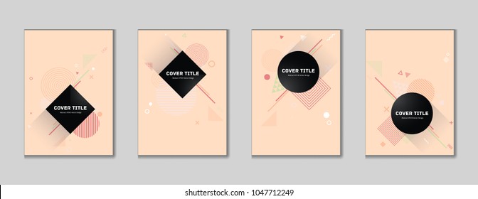 Abstract memphis cover collection pattern with white, red and pink geometrical shapes on peach orange background. Variegated first page cover kit. Colorful memphis style design for corporate purpose.