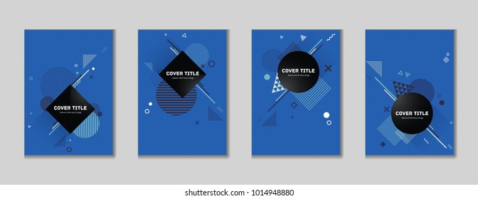 Abstract memphis cover collection vector with white, green and blue geometrical shapes on blue background. Variegated first page cover assortment. Colorful memphis style vector for marketing purpose.
