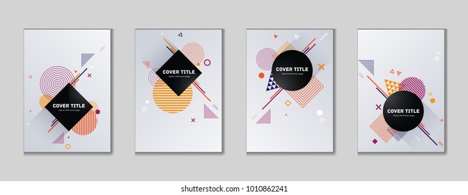 Abstract memphis cover kit. Cool memphis template front page set with white, purple and orange shapes, isolated on light background. Memphis style cover background selection for advertisement purpose.