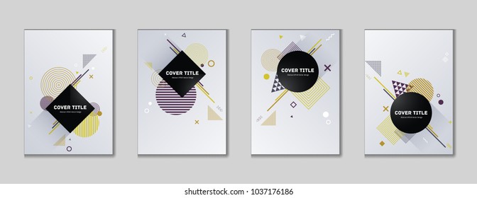 Abstract memphis cover kit. Cool memphis template front page set with white, yellow, orange and purple shapes, isolated on background. Memphis style cover graphic design for advertisement purpose.