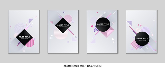 Abstract memphis cover kit. Memphis template front page set with white, purple and pink shapes, isolated on light background. Memphis style cover graphic design collection for advertisement purpose.