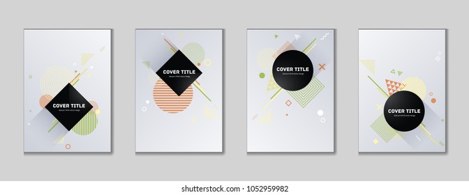 Abstract memphis cover kit. Memphis texture front page set with white, orange, green and yellow shapes, isolated on light background. Memphis style cover illustration collection for business purpose.