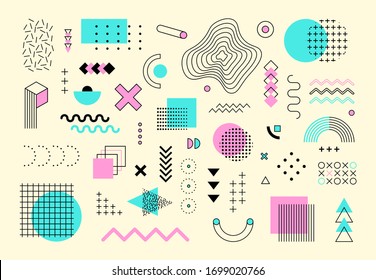 Mempos abstractos de diseño elementos mega set. Formas gráficas de líneas geométricas vectoriales, moderno modelo triangular de círculo de hipster, ilustración de color de moda. Textura de estilo retro