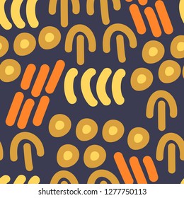 Abstract, memphis design inspired, hand drawn vector seamless pattern. Cute colorful elements on dark background. 