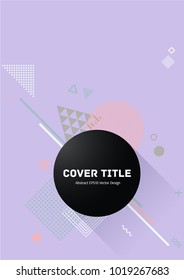 Abstract memphis design placard vector with white, pink, cyan, grey and khaki shapes on violet background. Cool memphis template placard page. Front page design for student notebook, dairy or notepad.
