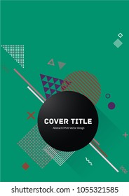 Abstract memphis design placard vector with white, purple and brown shapes on green background. Cool memphis texture placard page. Front page background for business notebook, dairy or notepad.