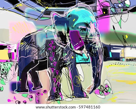 abstract memphis digital painting of indian elephant, vector illustration