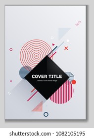 Abstract memphis front cover background with white geometrical shapes. Minimalistic front page surface. Colorful title page vector for journalistic notebook, dairy or notepad.