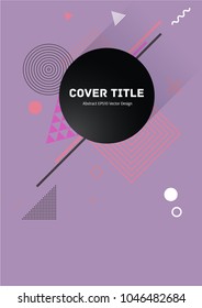 Abstract memphis front cover vector with white, Pink, orange and black geometrical shapes on violet background. Minimalistic front page surface. Colorful title page vector for  notebook or notepad.