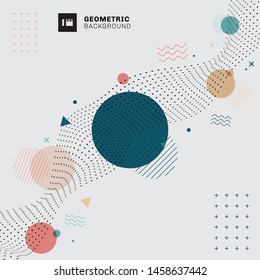 Abstract Memphis Geometric Circles, Triangles, Wavy Lines With Black Dots Wavy Pattern On Gray Background. Big Data And Technology Style. Vector Illustration