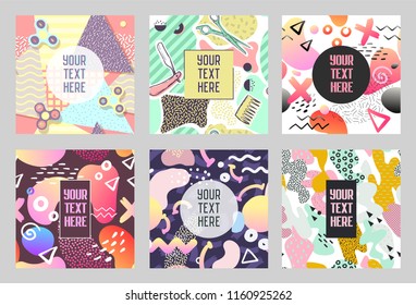 Abstract Memphis Geometric Hand Drawn Shapes Placards. 80s 90s Trendy Retro Posters, Banners, Covers Design. Flyers Cards Templates. Vector illustration