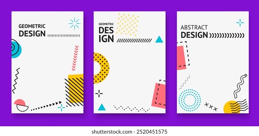 Abstract Memphis geometric posters, featuring abstract shapes and patterns. Vector retro covers display a playful arrangement of colorful circles, lines, and zigzags against a contrasting background