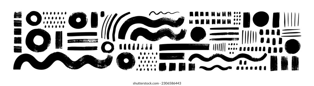 Abstract Memphis geometric shapes and composition. Brush drawn bold geometric shapes, stripes, wavy lines, circles and dots. Abstract design. Collection of hand drawn basic figures in futuristic style