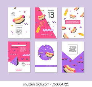 Abstract Memphis Geometric Shapes Placards. 80s 90s Retro Posters, Banners, Covers Design With Fast Food. Flyers Cards Templates. Vector Illustration