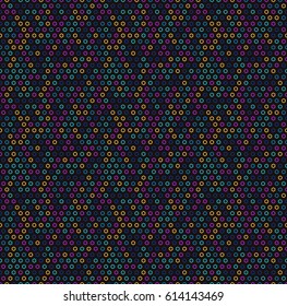 Abstract Memphis Hexagonal Seamless Pattern. 80's-90's Style Dark Background. Trendy Fashion Memphis Style Colorful Geometric Design. Vector Illustration