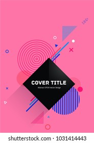 Abstract memphis neo pattern with white, magenta, saturated blue and sky blue geometrical shapes on brigt pink background. Front page surface. Memphis neo style illustration for marketing purpose.