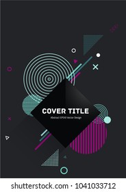 Abstract memphis neo vector with white, magenta and green geometrical shapes on deep grey background. Minimalistic front page theme. Colorful memphis neo style background for business purpose.