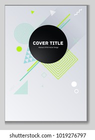 Abstrakte Memphis-Notizblock-Deckenhintergrund. Cool memphis Fliesenvorderseite mit weißen, türkisfarbenen, blauen und jadegrünen geometrischen Formen. Memphis Notizblock-Deckmuster für journalistische Zwecke.