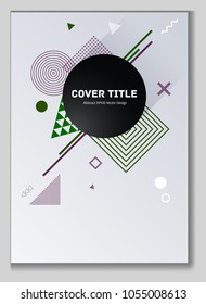 Abstract memphis notepad cover vector. Cool memphis template front page with white, purple and green geometrical shapes. Memphis notepad cover graphic design for journalistic purpose.