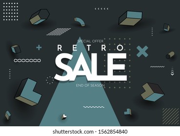 Abstract Memphis pattern background. Line and dots in trendy 80s-90s pop art style with shadows. Vector template for landing page, flyer, invitation, banner, game template. Vector green wallpaper.